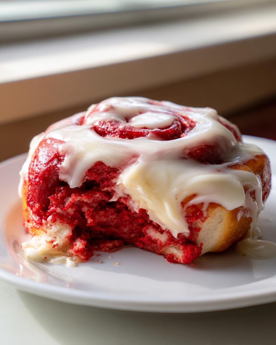 A close-up shot of a single, rich red velvet cinnamon rolls with thick cream cheese icing, showing a bite taken out.