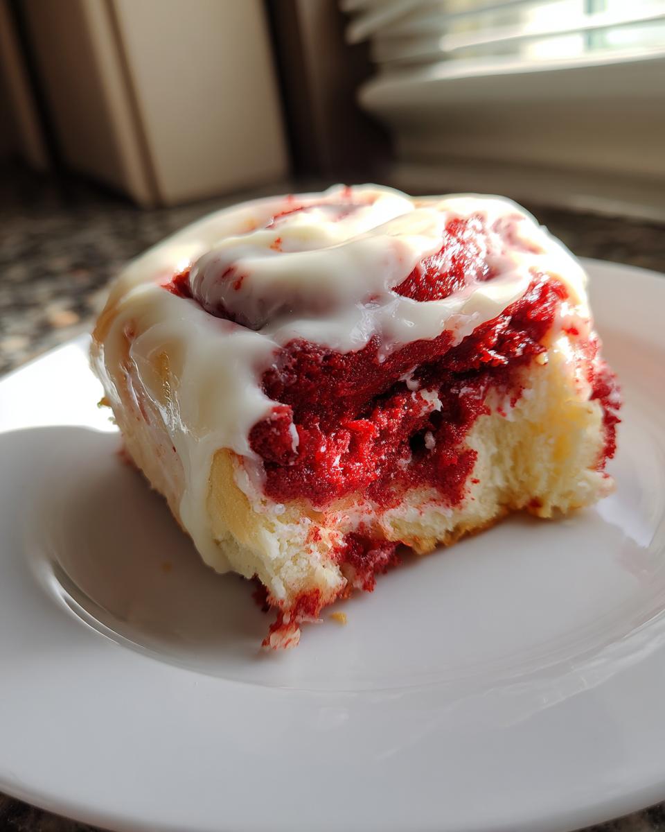 A single, delicious red velvet cinnamon roll topped with thick white cream cheese icing, sitting on a white plate.