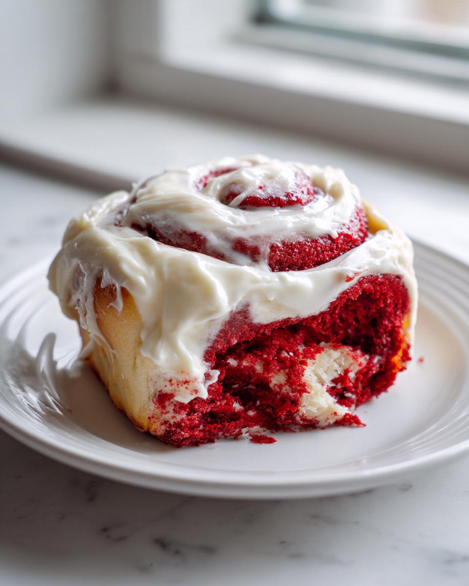 A single, decadent red velvet cinnamon rolls slice topped generously with white cream cheese frosting, sitting on a white plate.