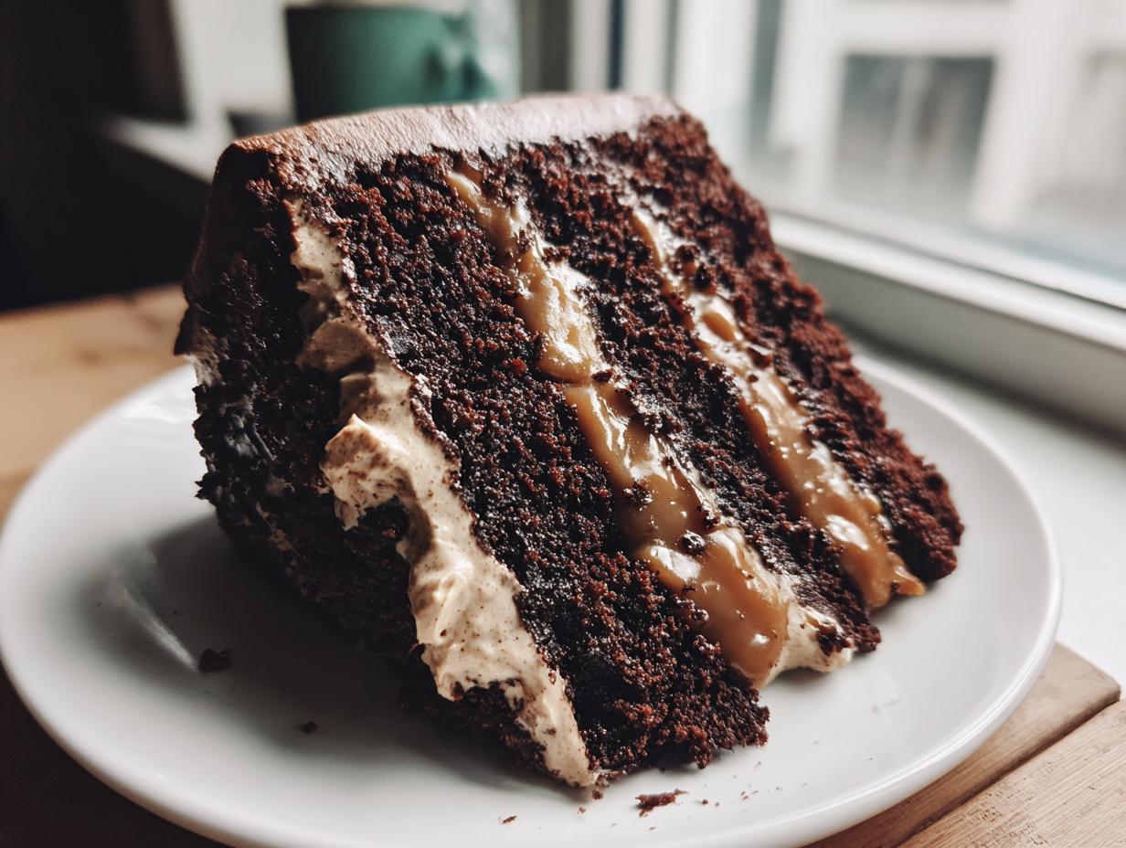 Close-up of a decadent slice of dark chocolate capricorn cake layered with caramel and light frosting.