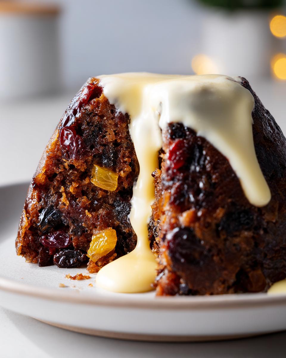 Close-up of a slice of dark, rich plum pudding covered in thick, flowing vanilla custard sauce.