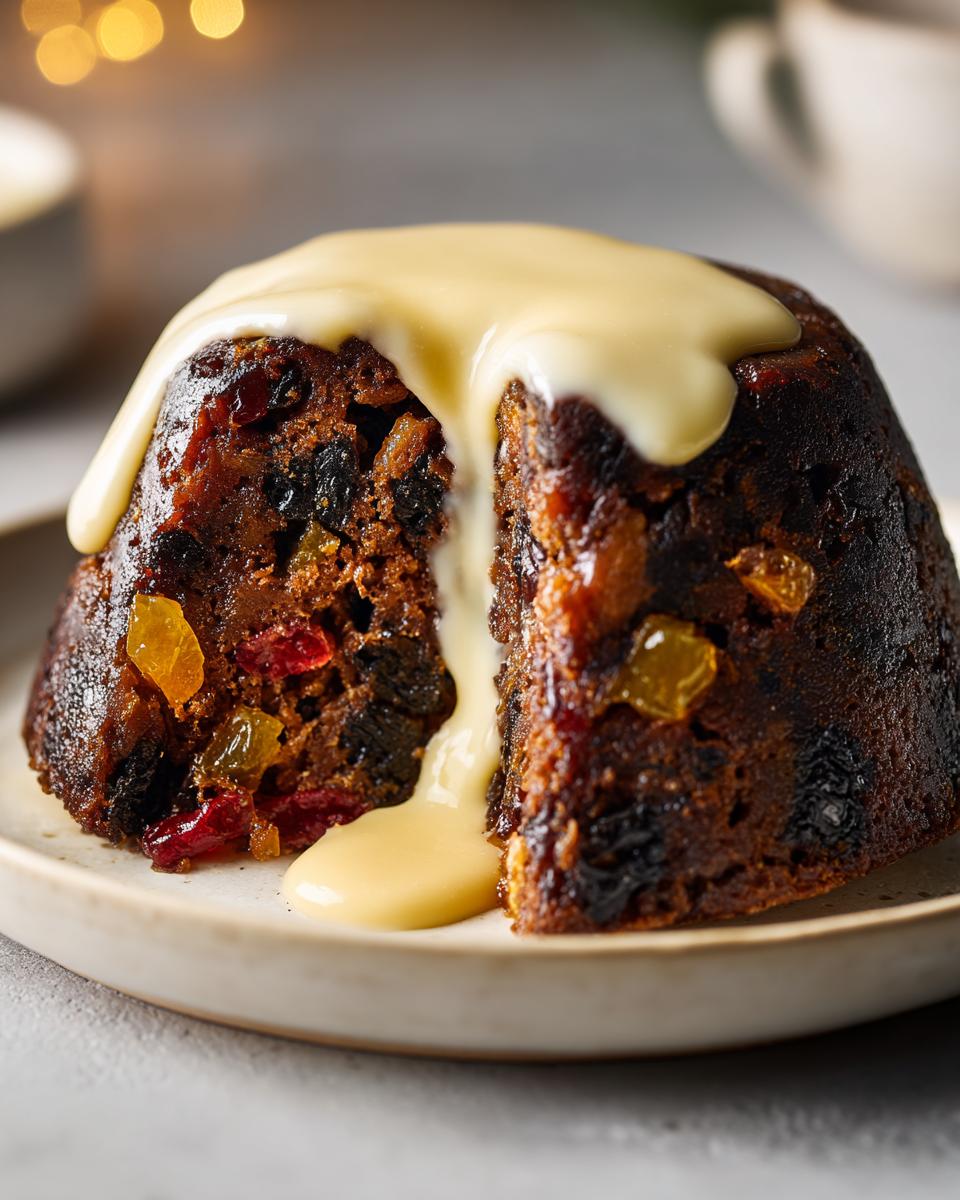 A rich, dark plum pudding cut in half, generously topped with flowing vanilla custard sauce.