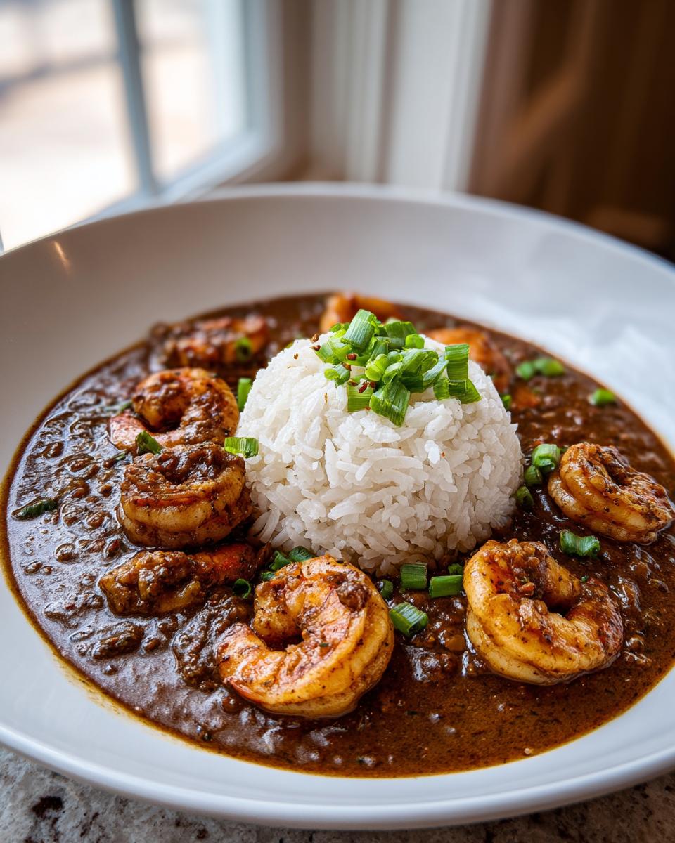 A close-up of a bowl of rich, dark shrimp etouffee surrounding a mound of white rice, garnished with green onions.