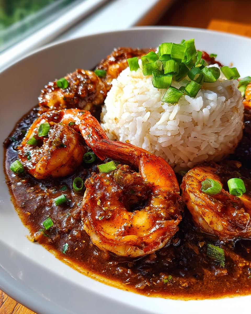 Close-up of flavorful shrimp etouffee served with a mound of white rice and garnished with chopped green onions.