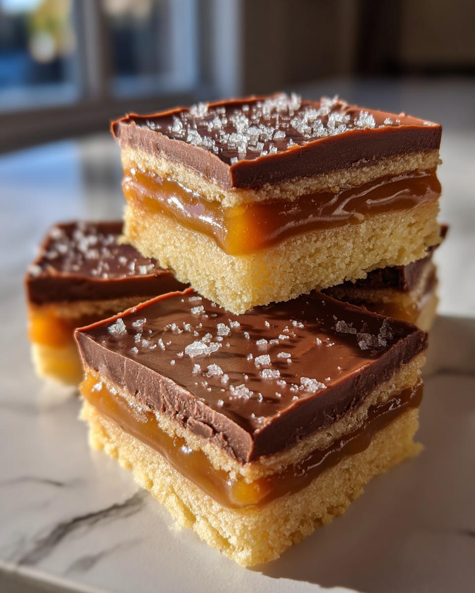 Close-up of layered twix cookies bars featuring shortbread, gooey caramel, chocolate topping, and sea salt flakes.