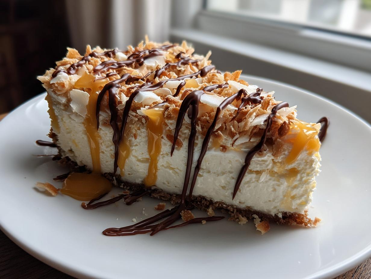 A generous slice of Samoa Cheesecake topped with toasted coconut, caramel drizzle, and chocolate sauce.