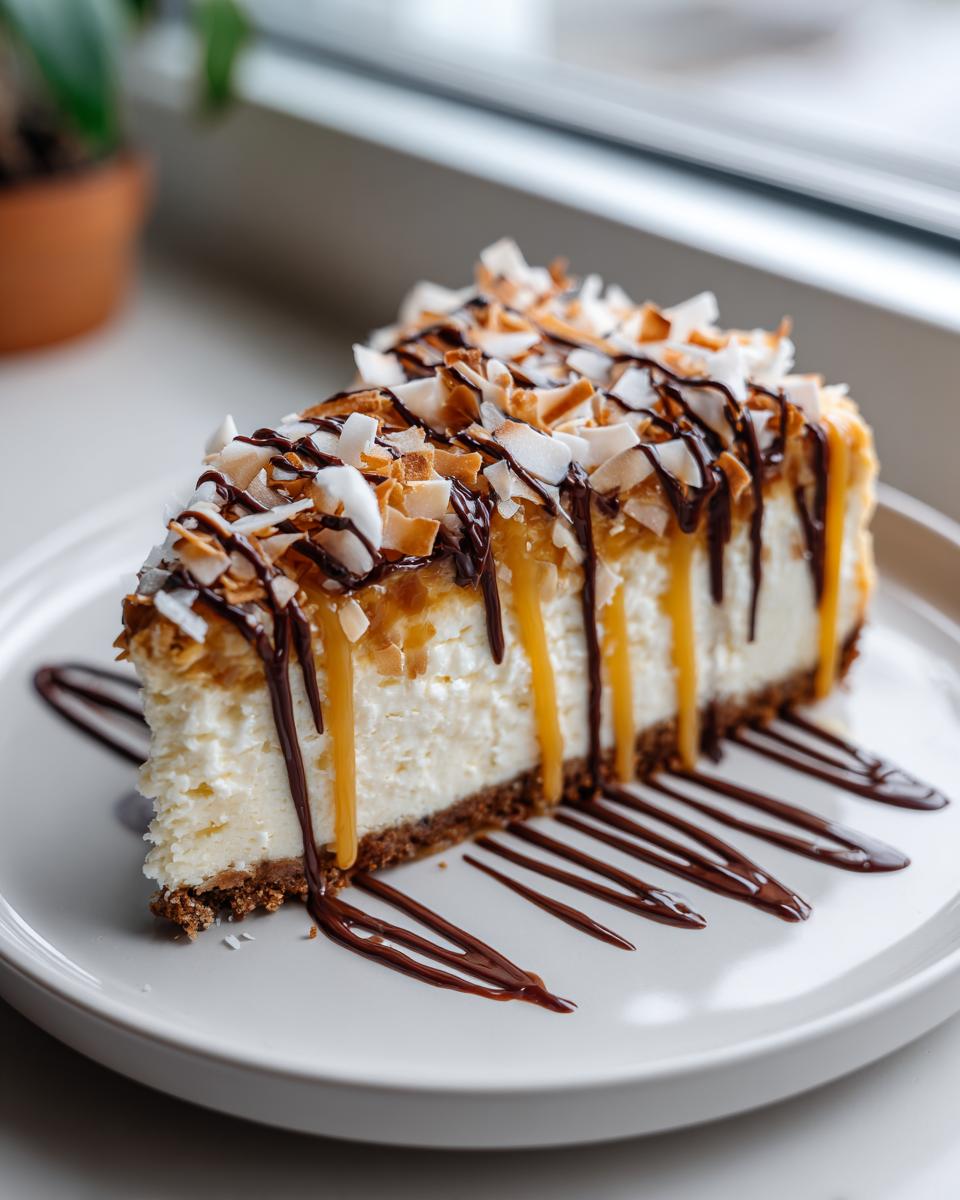 A perfect slice of Samoa Cheesecake topped with toasted coconut, caramel drizzle, and chocolate sauce.