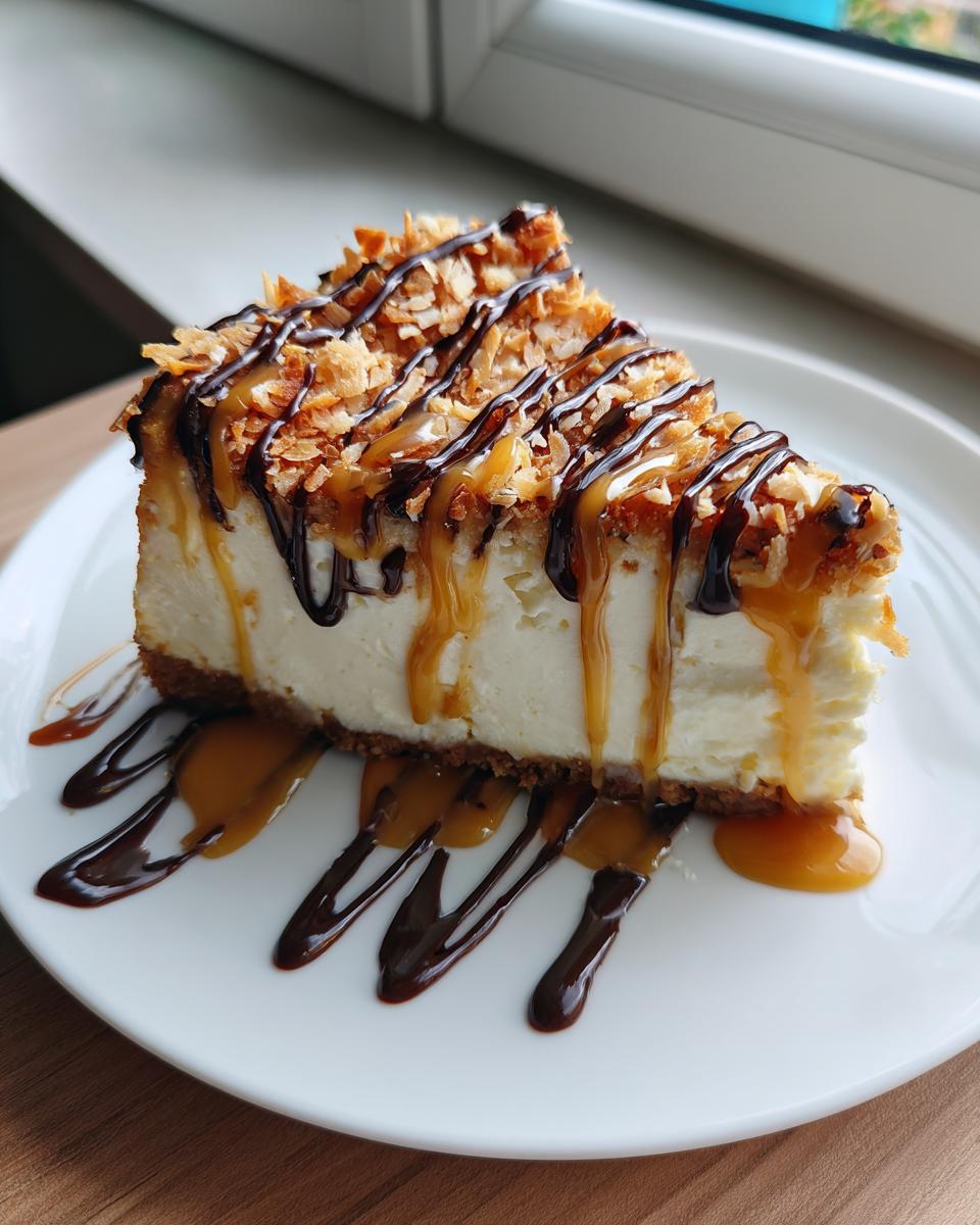 A rich slice of Samoa Cheesecake topped with toasted coconut, caramel, and chocolate drizzle on a white plate.
