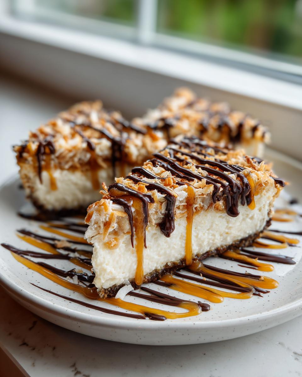 A close-up of a slice of Samoa Cheesecake topped with toasted coconut, chocolate, and caramel drizzle.