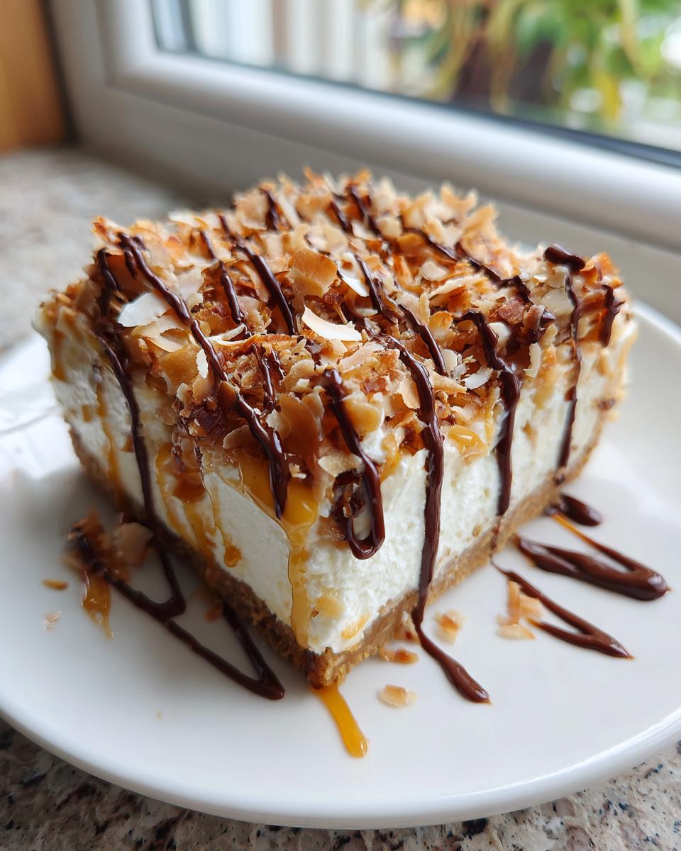 A square slice of rich Samoa Cheesecake topped with toasted coconut, caramel, and chocolate drizzle.