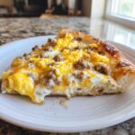 A close-up slice of sausage gravy breakfast pizza topped with scrambled eggs, sausage crumbles, and melted cheese.