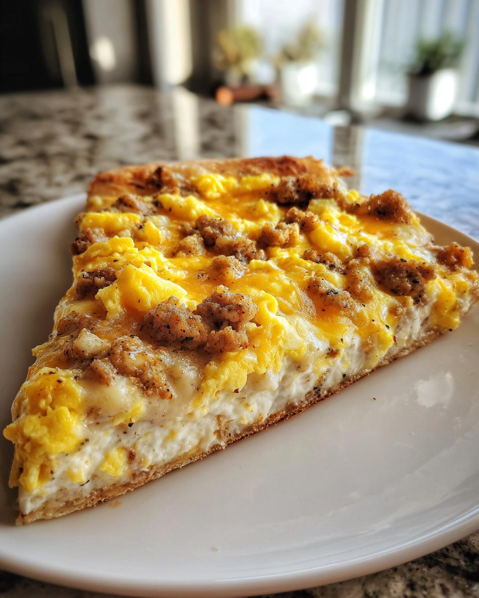 A thick slice of sausage gravy breakfast pizza topped with scrambled eggs, sausage crumbles, and melted cheese.