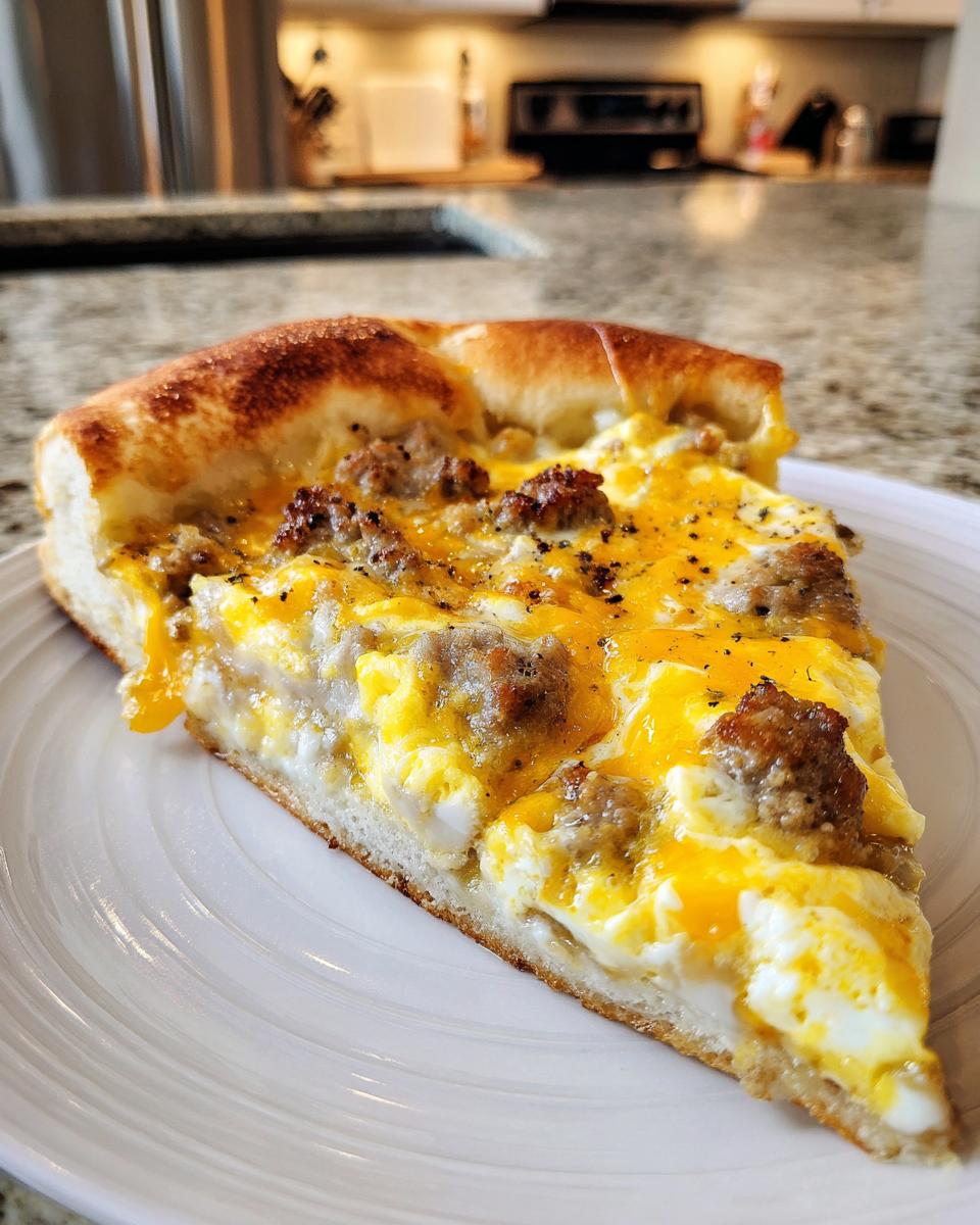 A thick slice of sausage gravy breakfast pizza topped with scrambled eggs, sausage crumbles, and melted cheddar cheese.