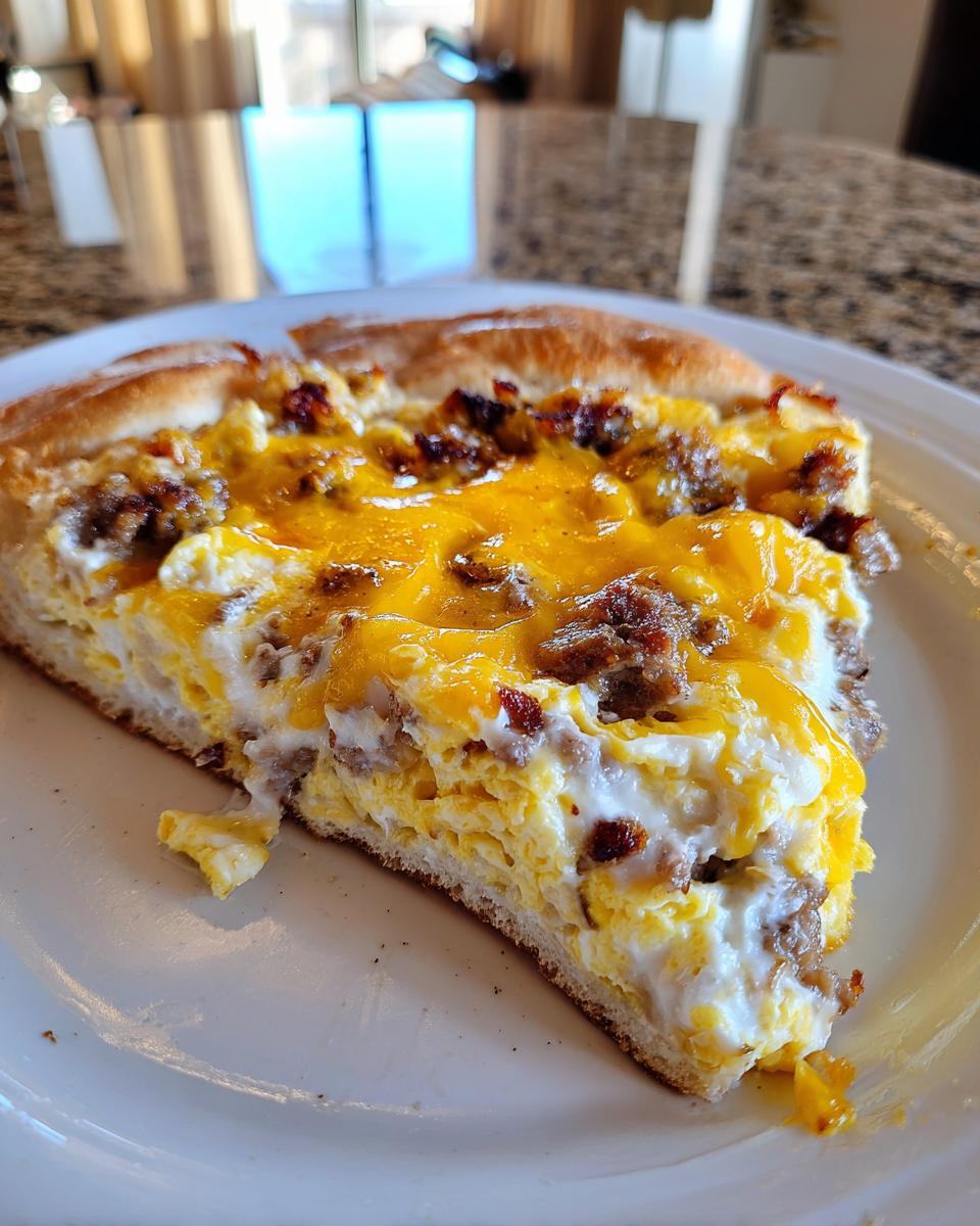 Close-up of a thick slice of sausage gravy breakfast pizza showing fluffy eggs, crumbled sausage, and melted cheddar cheese on a crust.