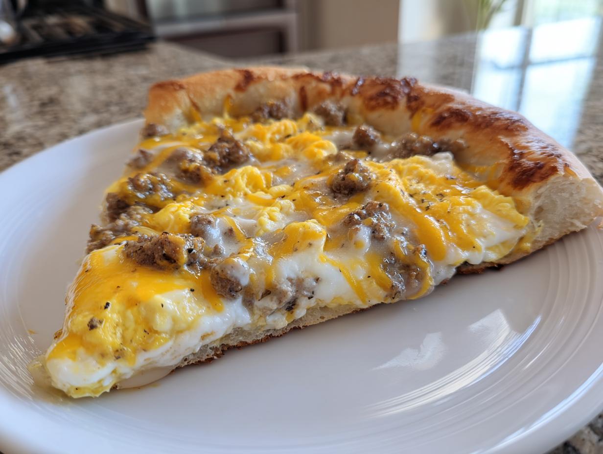 A thick slice of sausage gravy breakfast pizza topped with scrambled eggs, sausage crumbles, and melted cheddar cheese.