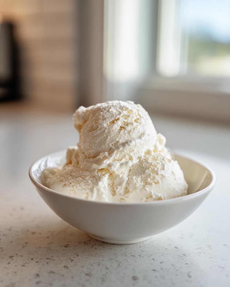 Two scoops of creamy white cottage cheese ice cream served in a small white bowl.