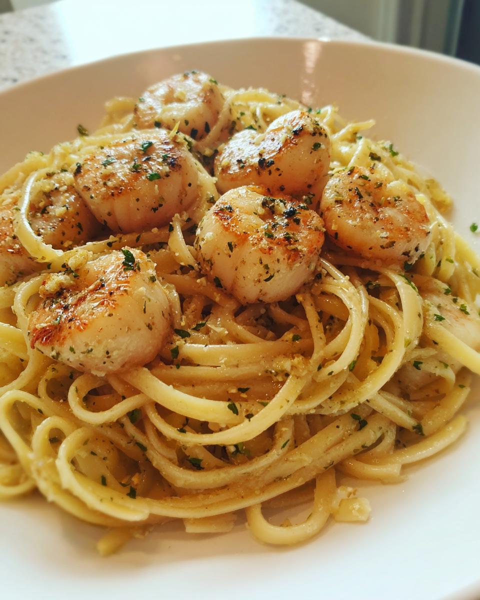 Close-up of perfectly seared scallops served over linguine in a creamy, garlic butter seafood pasta dish.