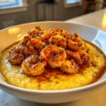 A close-up, appetizing view of perfectly seasoned shrimp served over creamy yellow grits in a white bowl, featuring the shrimp and grits recipe.