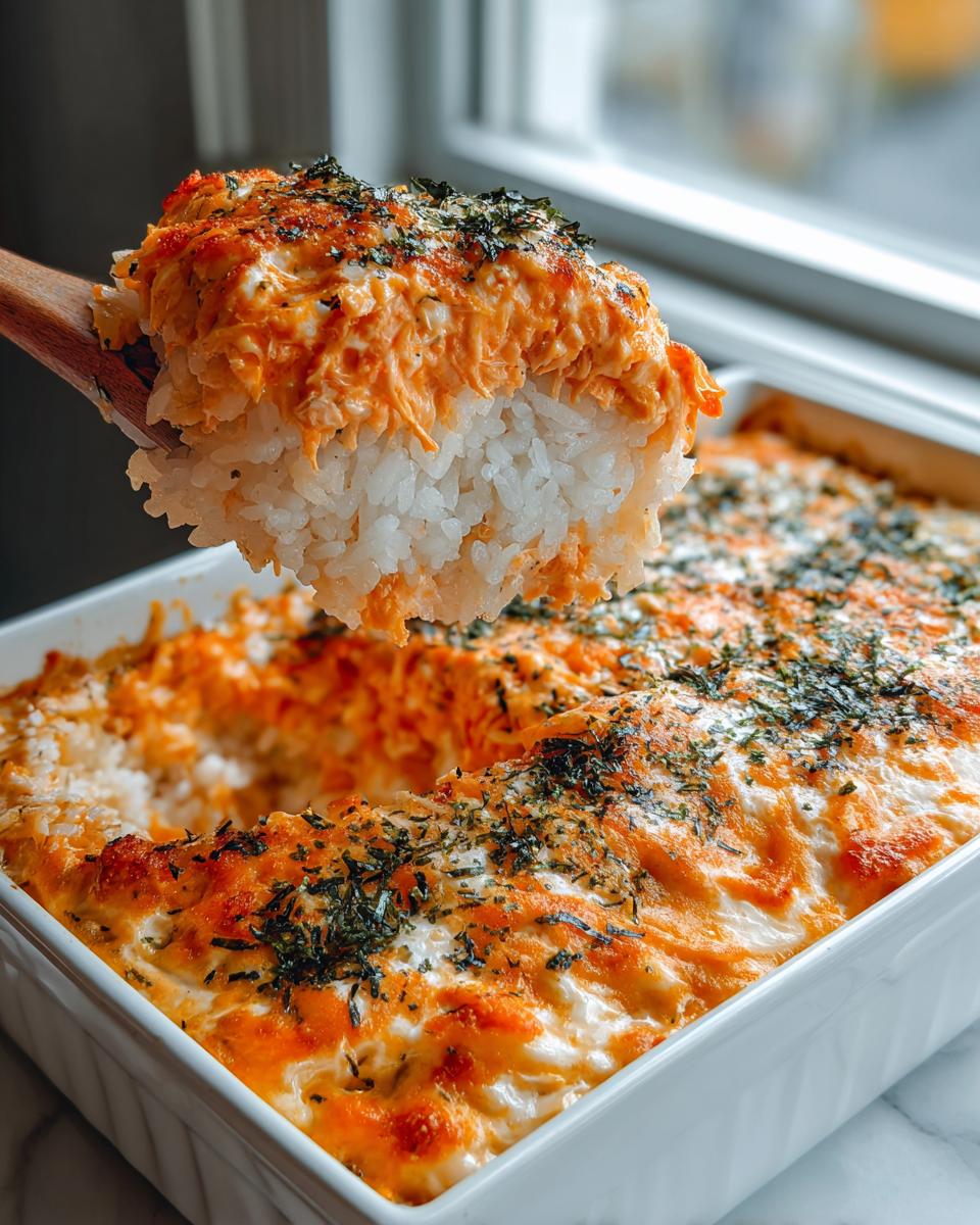 A wooden spoon lifts a generous portion of creamy sushi bake, showing layers of rice and orange topping.