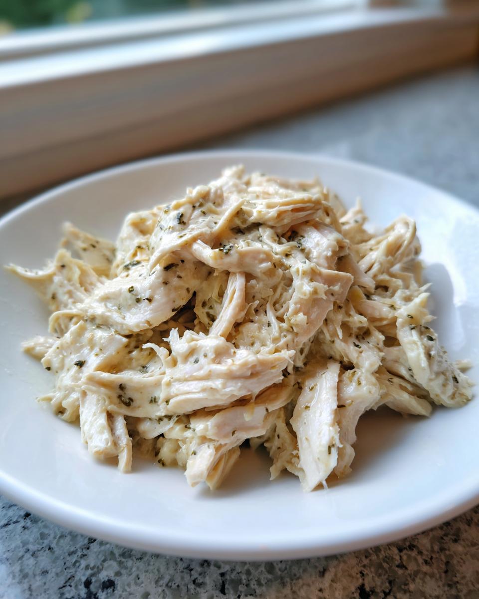 Close-up of shredded slow cooker garlic parmesan chicken coated in a creamy sauce with herbs, served on a white plate.