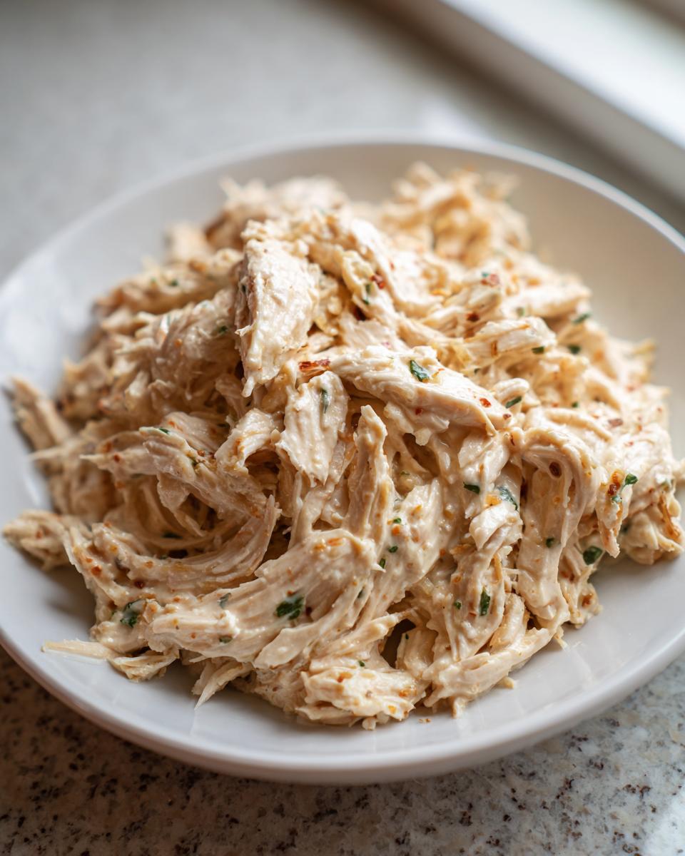 Close-up of creamy, shredded slow cooker garlic parmesan chicken served in a white bowl.