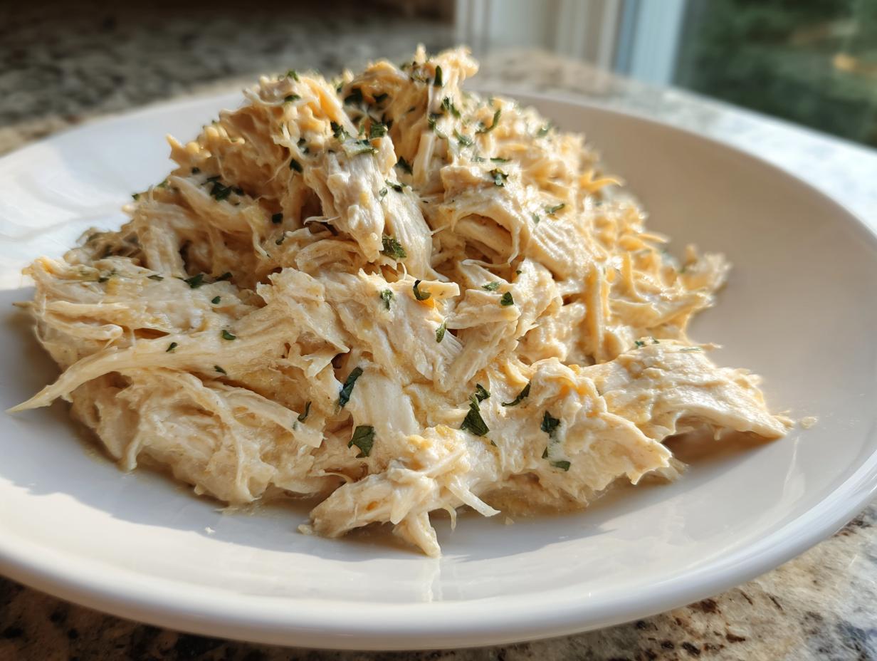 A close-up of shredded slow cooker garlic parmesan chicken, creamy and topped with green herbs, served on a white plate.