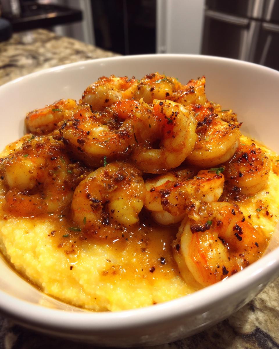 Close-up of perfectly cooked shrimp served over creamy yellow grits, featuring a rich, seasoned sauce in a white bowl.
