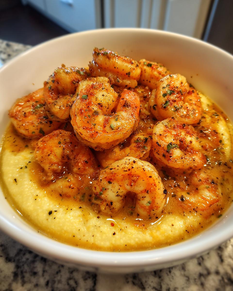Close-up of creamy grits topped with seasoned, saucy shrimp in a white bowl, showcasing the shrimp and grits dish.