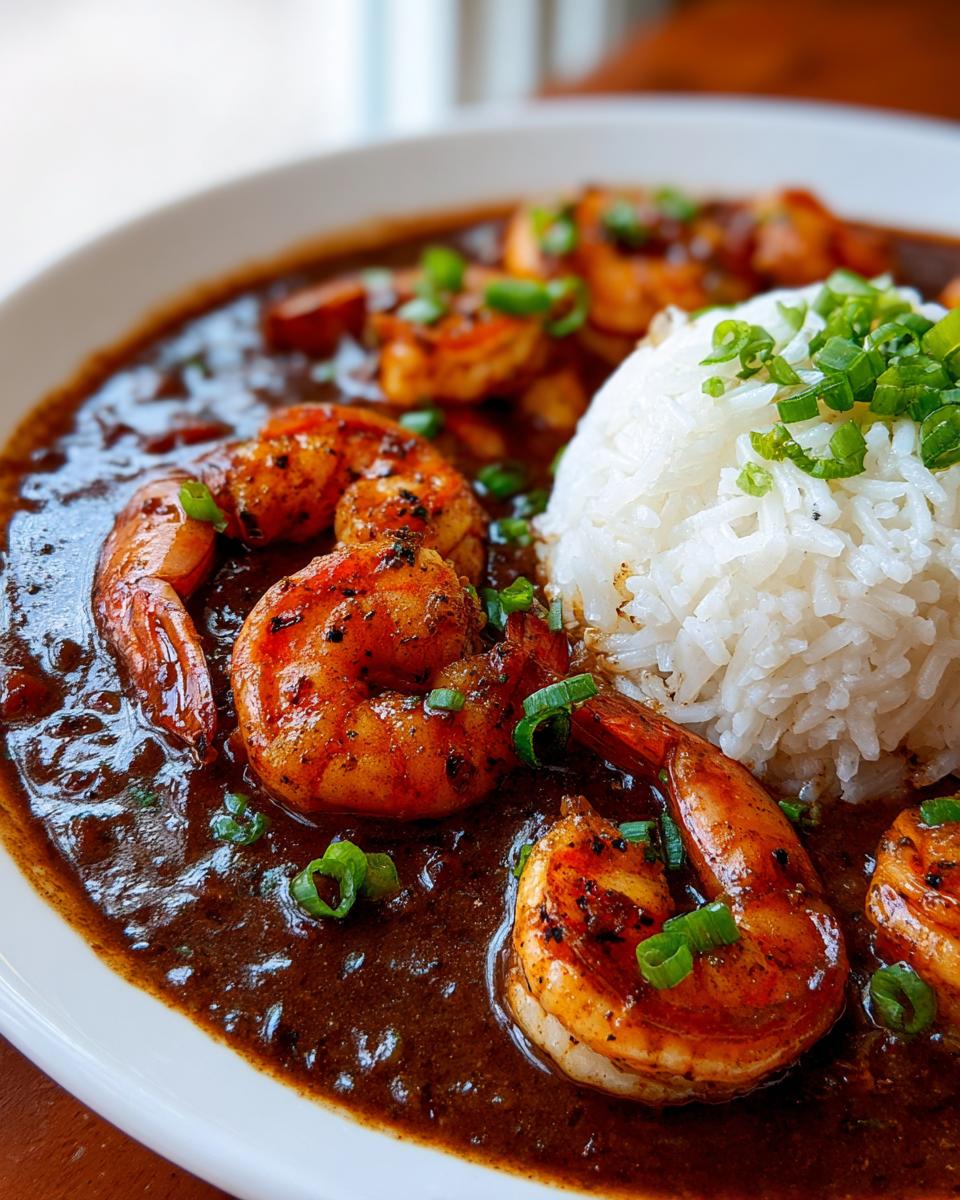 Close-up of a bowl of rich, dark shrimp etouffee featuring seasoned shrimp next to a mound of white rice, garnished with green onions.