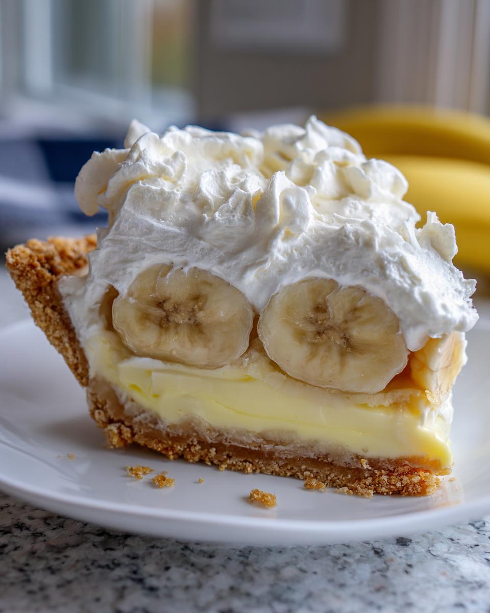 A close-up of a perfect slice of banana cream pie recipe, featuring a graham cracker crust, vanilla custard, banana slices, and whipped cream.