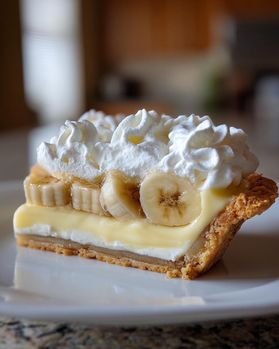 A perfect slice of banana cream pie recipe showing layers of crust, cream, sliced bananas, and whipped topping.