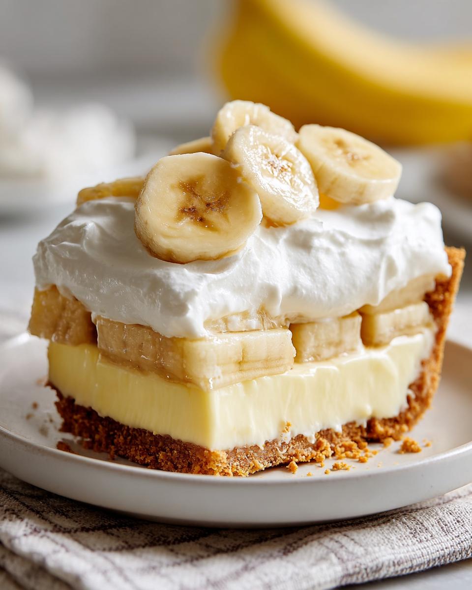 A thick slice of banana cream pie recipe showing a graham cracker crust, thick vanilla custard, sliced bananas, and whipped cream topping.