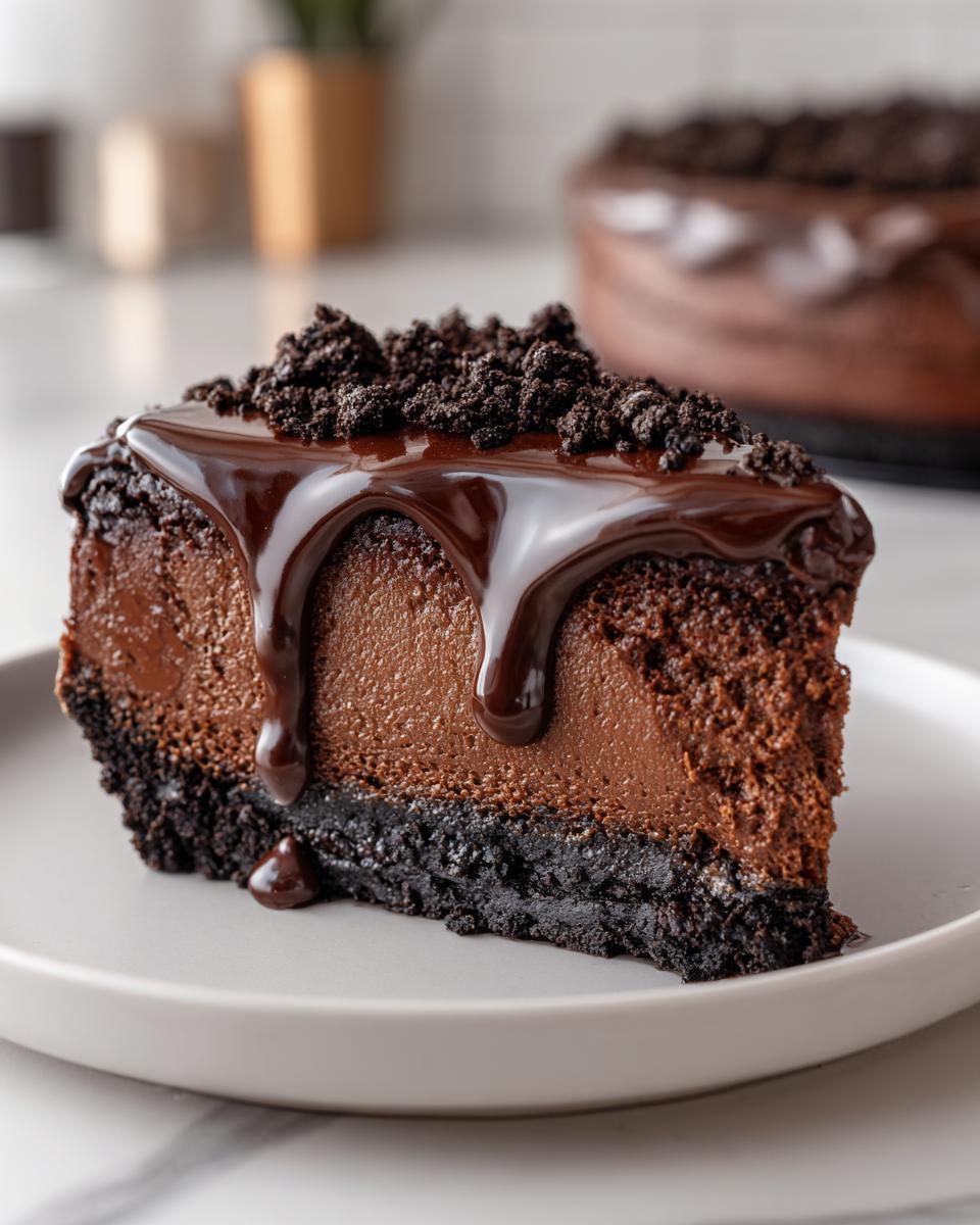 A close-up of a rich slice of chocolate cheesecake with a dark cookie crust, topped with dripping chocolate ganache and cookie crumbs.