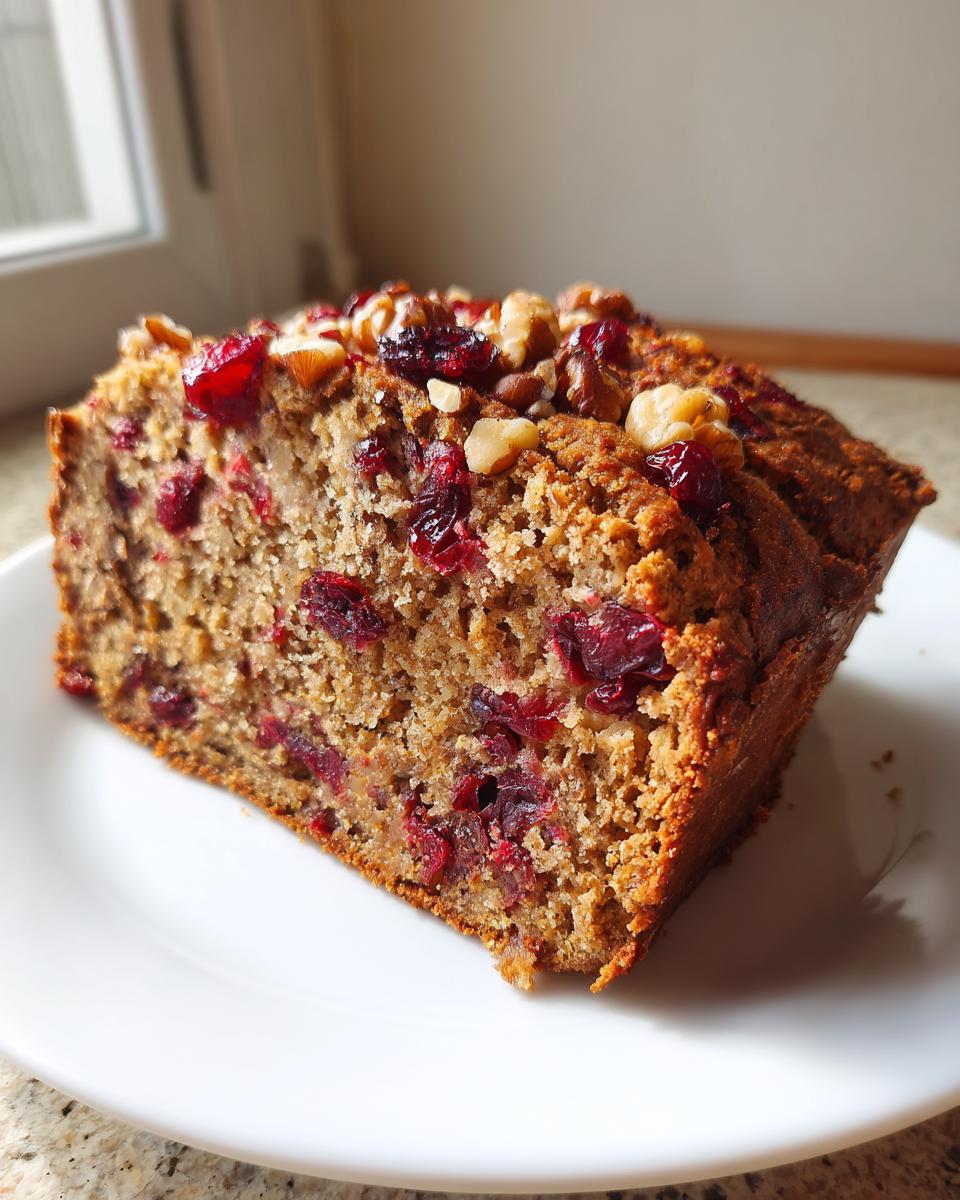 A close-up slice of moist cranberry walnut bread, studded with dried cranberries and topped with walnuts.