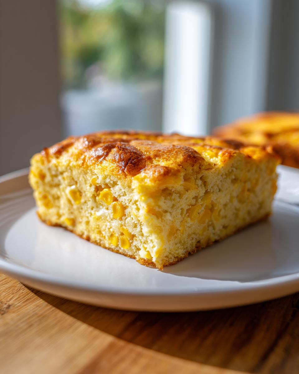 A golden-brown slice of moist cream cheese corn casserole served on a white plate, featuring visible corn kernels.