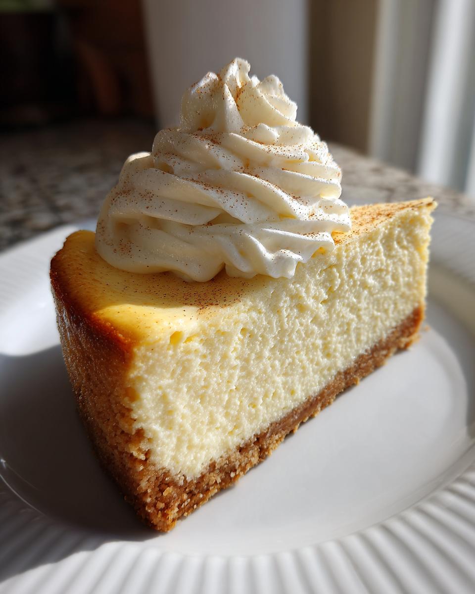 A perfect slice of creamy eggnog cheesecake recipe topped with whipped cream and nutmeg.
