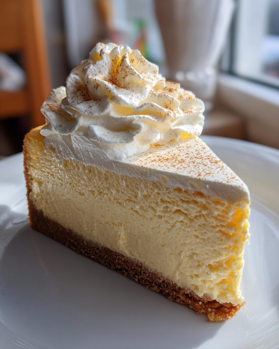A perfect slice of creamy eggnog cheesecake topped with whipped cream and cinnamon.