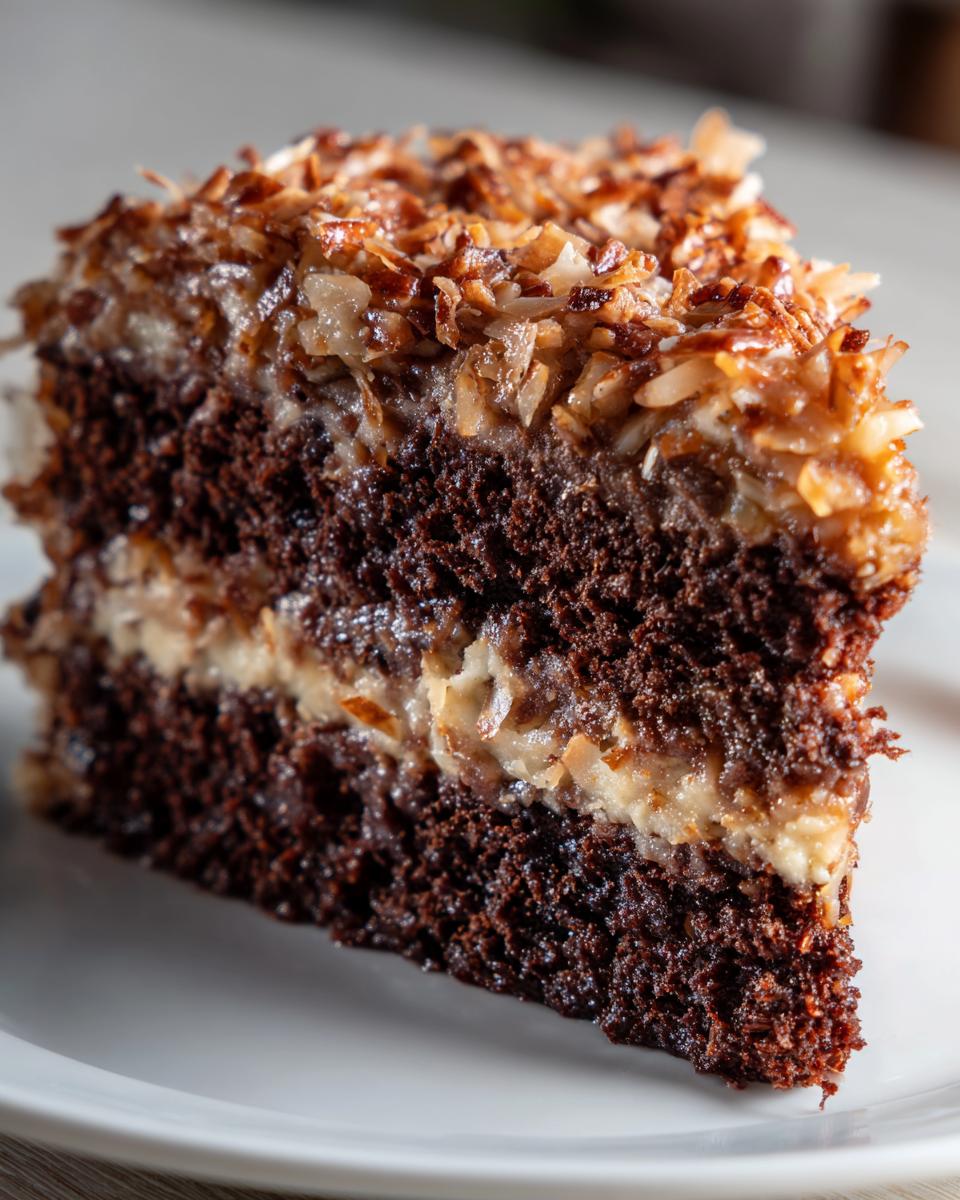 Close-up of a moist slice of german chocolate cake recipe showing dark chocolate layers and coconut pecan frosting.