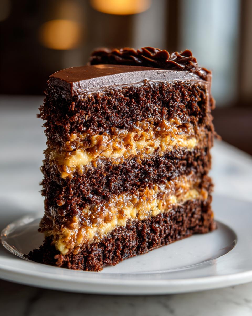 Close-up of a decadent slice of German chocolate cake recipe showing three dark chocolate layers and coconut-pecan filling.