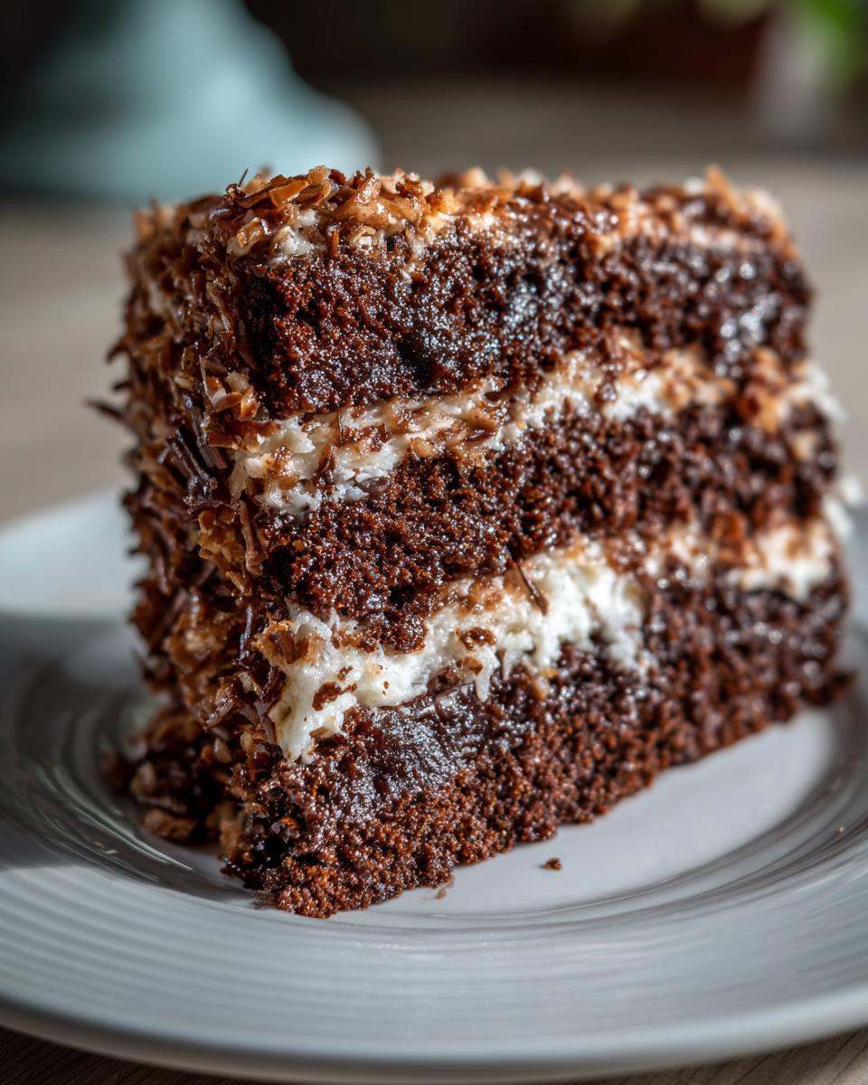 Close-up of a rich, moist slice of german chocolate cake recipe with coconut-pecan frosting layers.