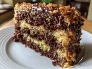 Close-up of a rich slice of german chocolate cake recipe showing layers of dark chocolate cake and coconut-pecan filling.