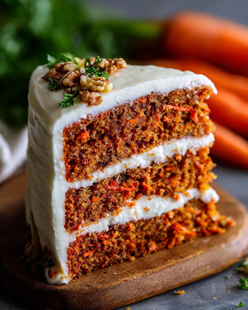 A decadent slice of three-layer carrot cake recipe covered in white cream cheese frosting and topped with walnuts.