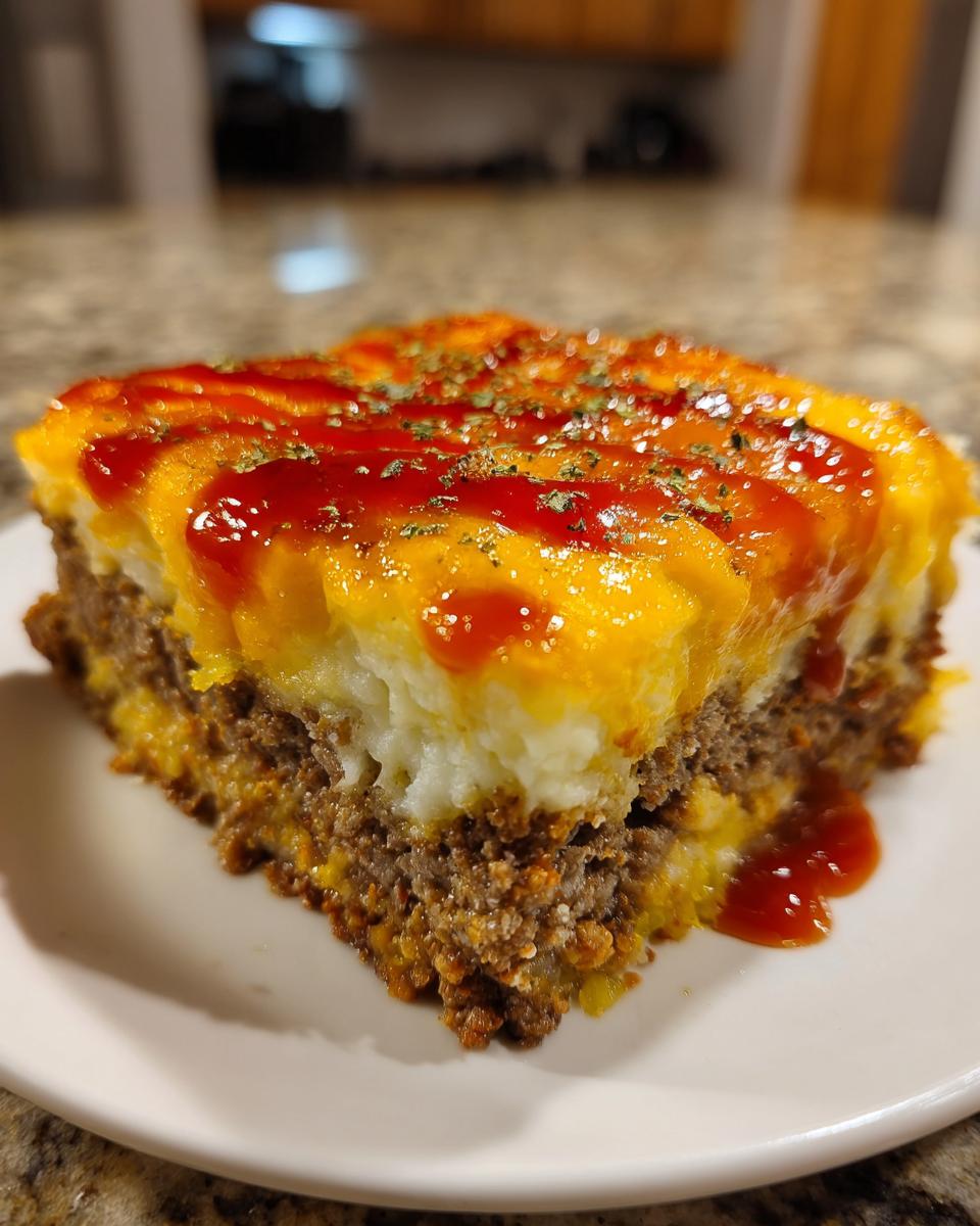 A thick slice of meatloaf casserole featuring a ground meat base topped with mashed potatoes, melted cheese, and ketchup.