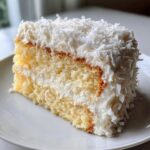 Close-up of a moist slice of coconut cake layered with white frosting and topped with shredded coconut flakes.