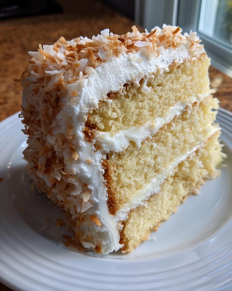 A tall slice of moist coconut cake with white frosting and toasted coconut flakes.