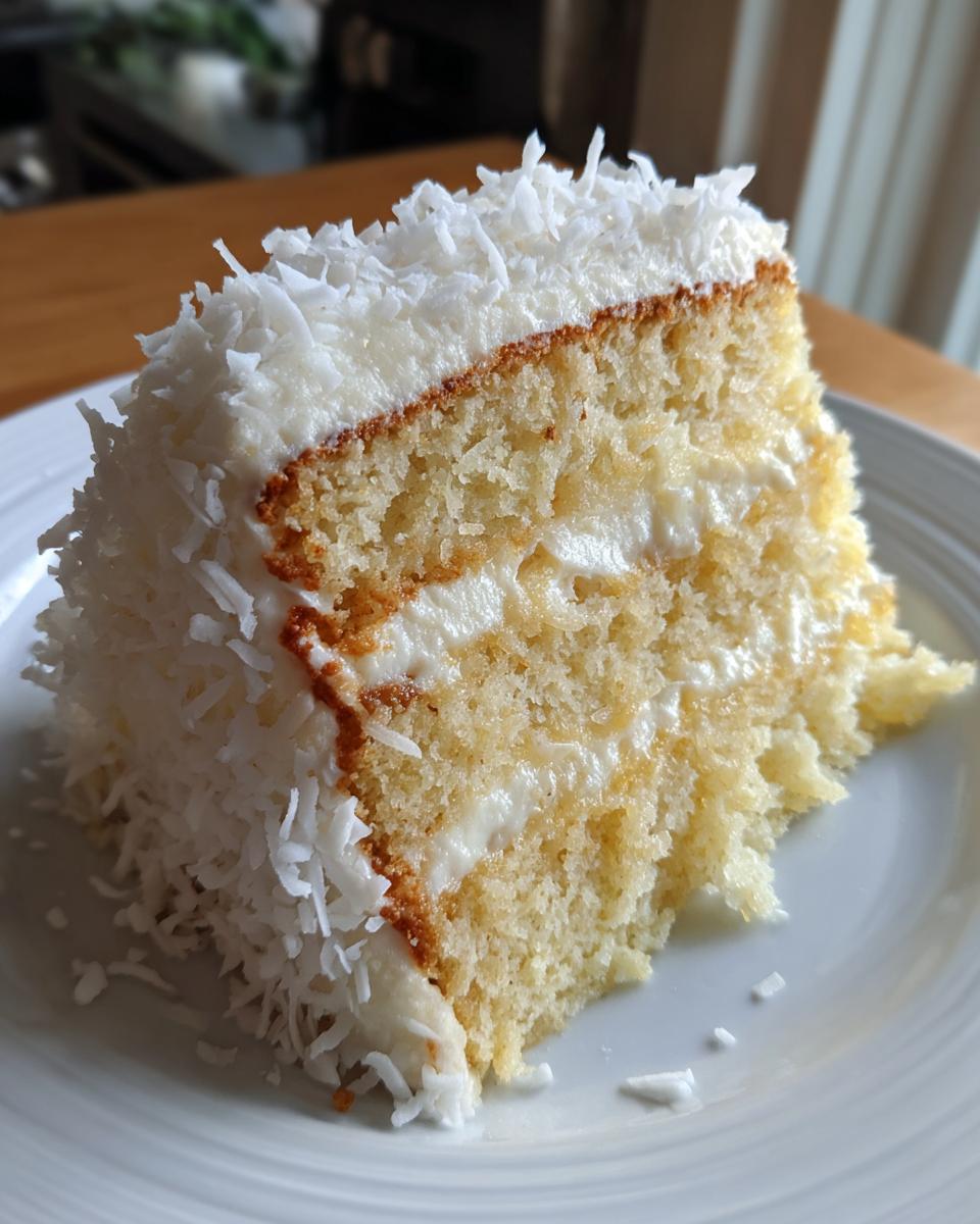 Close-up of a moist slice of coconut cake layered with white frosting and covered in shredded coconut.