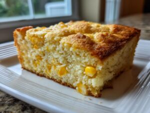 A close-up of a thick, golden-brown slice of cornbread casserole studded with whole corn kernels, served on a white plate.