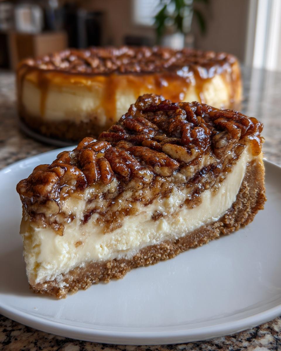 A perfect slice of pecan pie cheesecake showing graham cracker crust, creamy filling, and pecan topping.