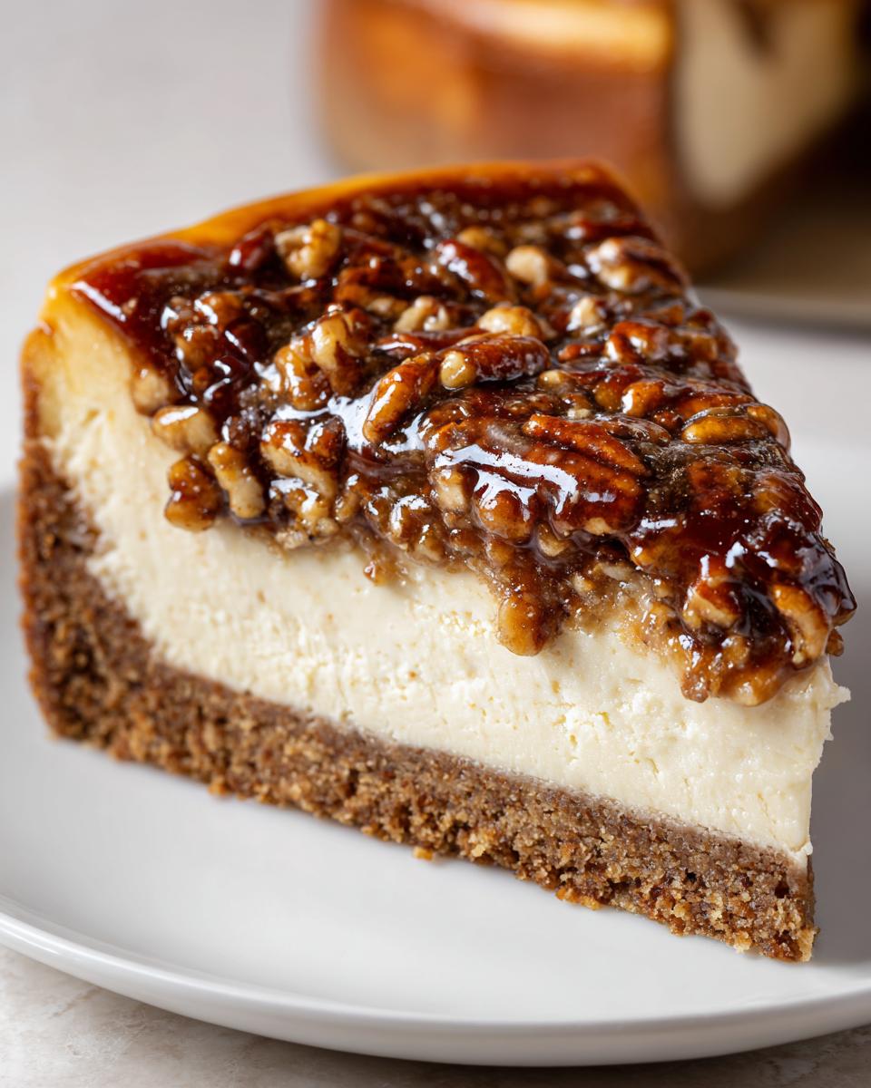 A perfect slice of pecan pie cheesecake featuring a thick graham cracker crust and gooey pecan topping.