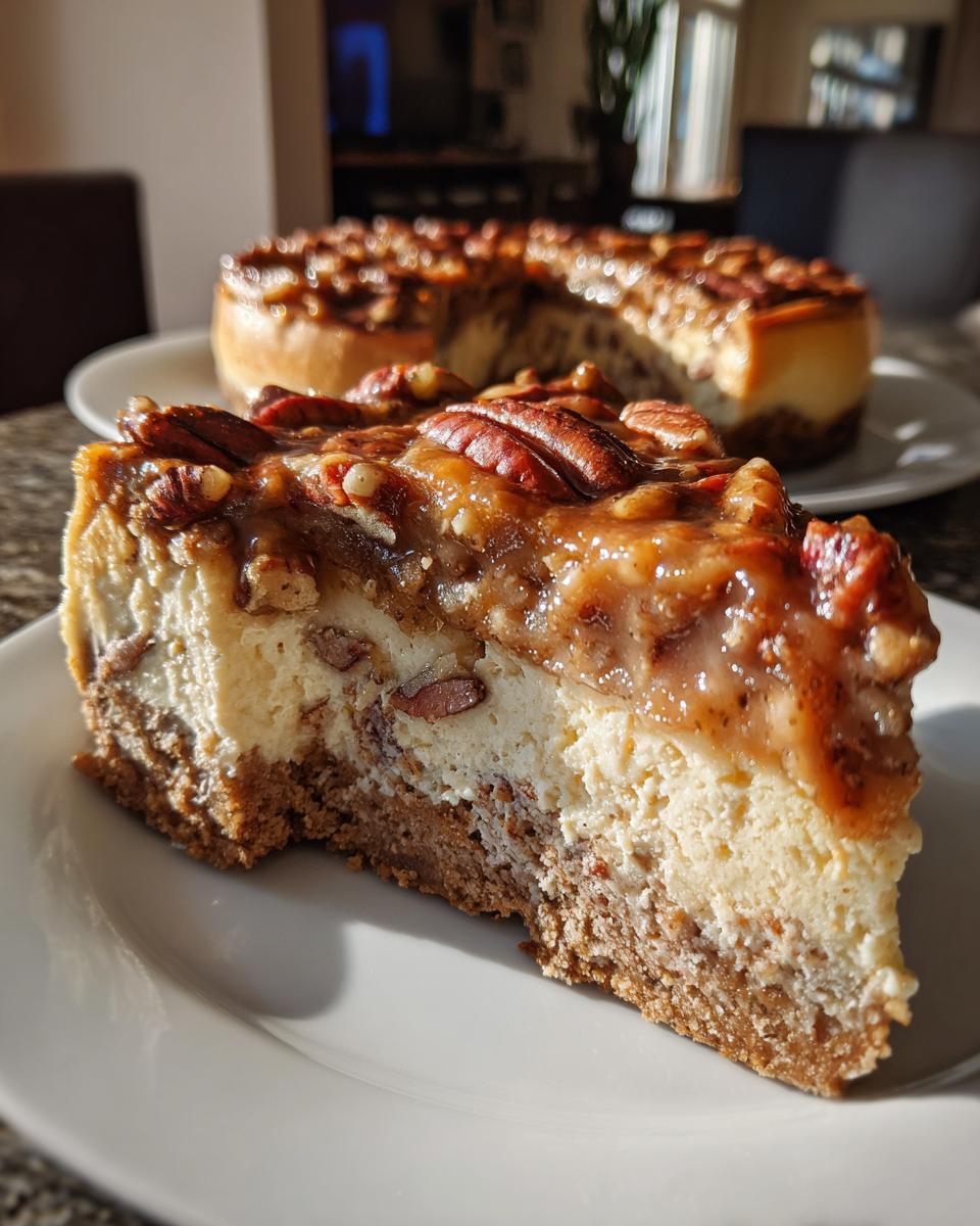 A close-up slice of pecan pie cheesecake showing the creamy filling, graham cracker crust, and pecan topping.